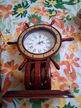 Maritime Ship Wheel Wall Clock in Deep Red with Gold Trim